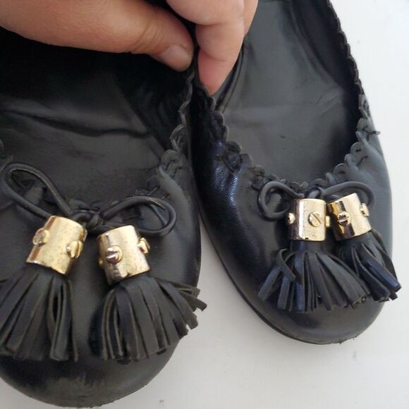 Tory Burch Reese Flat Mestico Black Leather Flat Ballet Tassels Shoes Size 8 /39 - Picture 14 of 15
